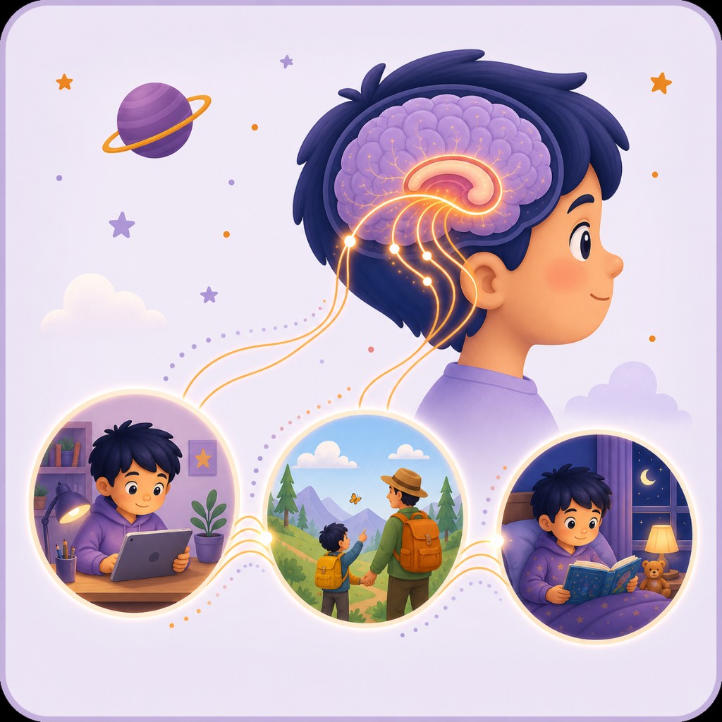 Child with brain pathways connecting learning, outdoor adventure, and bedtime reading into coherent memories
